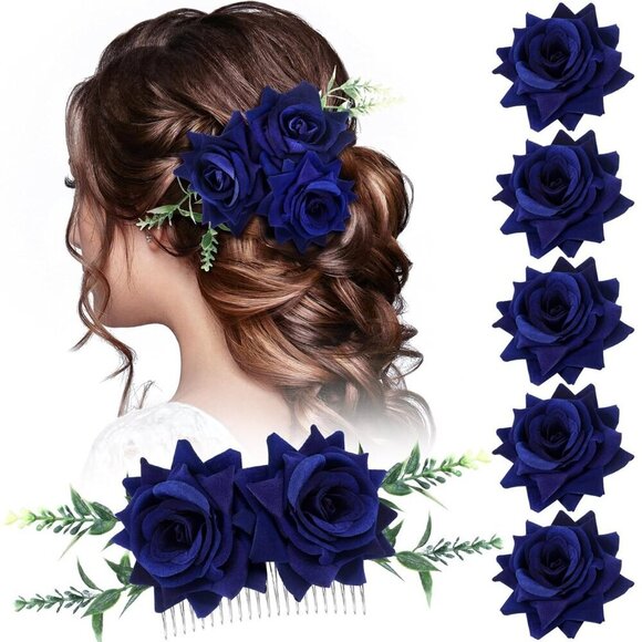 Flower Hair Clip Set Navy Blue 6 pcs Rose Floral Accessories for Women Girls main image 5